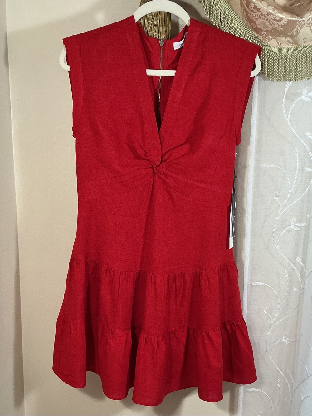 NWT Lucky Brand Red Twist Front Tiered Dress Sz S Knee Length Viscose Linen
